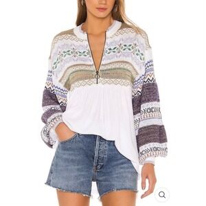 Free People Mixed Media Fair Isle Quarter Zip Waffle Knit Peplum Top White Multi